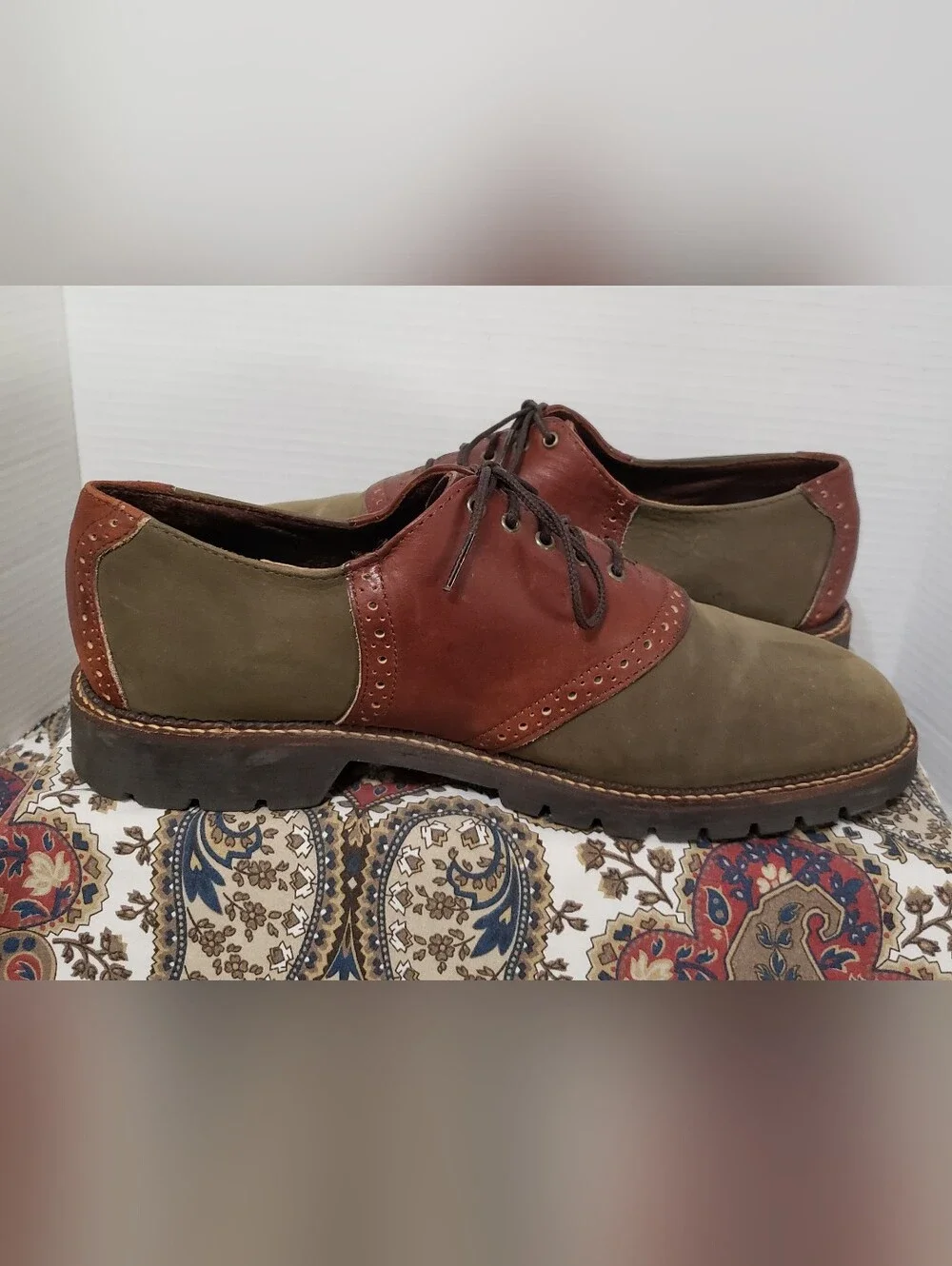 H.S.Trask Mens Loden Green Nubuck Brown Leather Saddle Oxford Shoes 11M